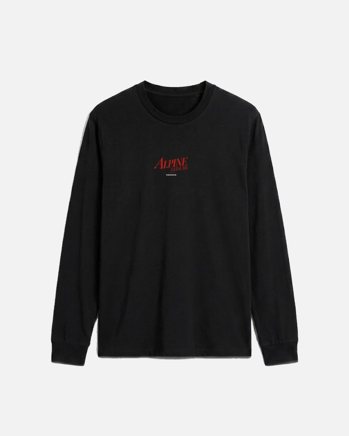Black Vandox Alpine Leisure long sleeve t-shirt front view with red Alpine Leisure Vandox chest logo. Starboy old money shirt tshirt longsleeve crewneck clothes vandox sacrevandox vandox clothes vandox clothing