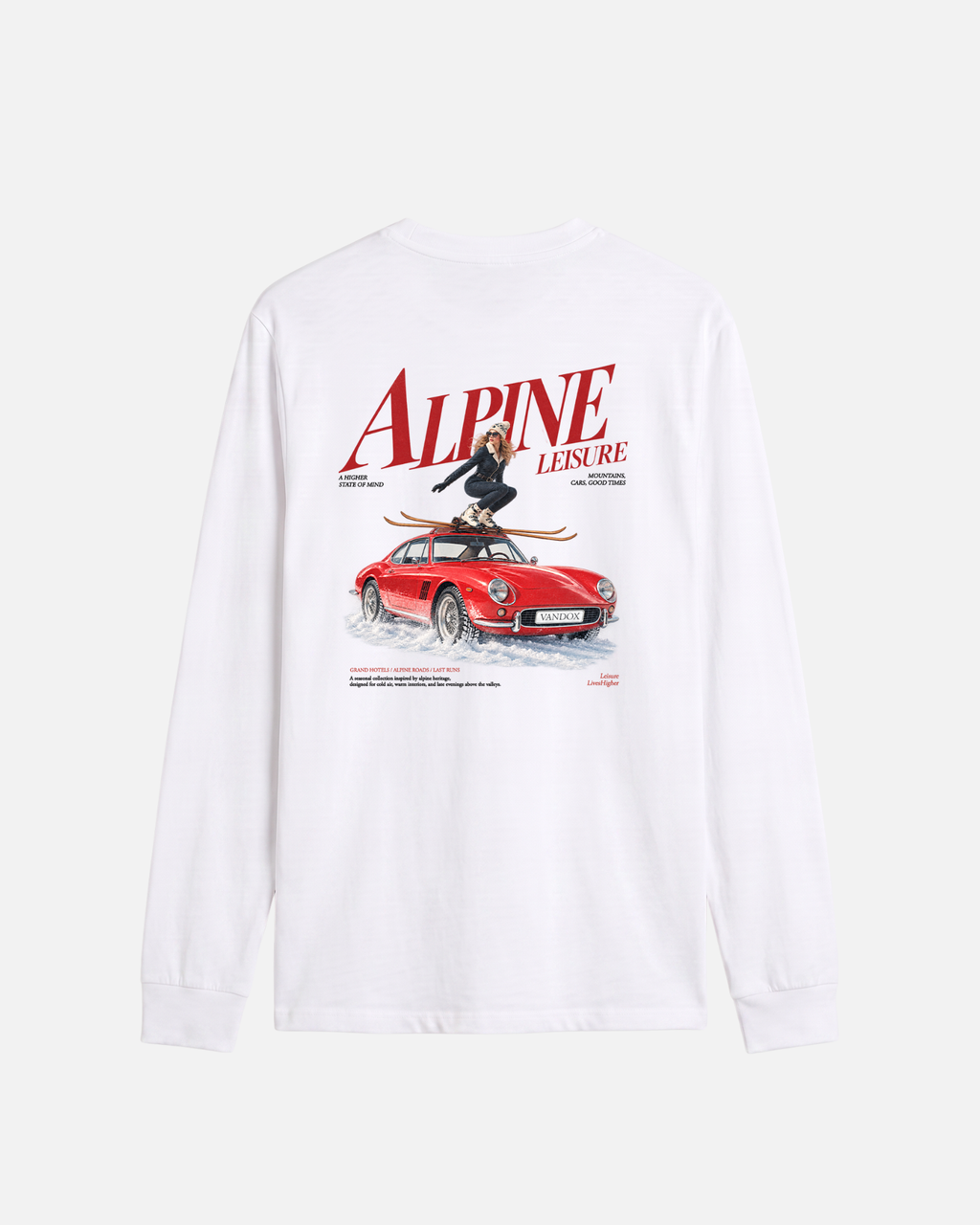 Eggshell White Vandox Alpine Leisure long sleeve t-shirt back view with Alpine Leisure editorial graphic of woman on red classic car in snow with mountains.
Starboy old money shirt tshirt longsleeve crewneck clothes vandox sacrevandox vandox clothes vandox clothing