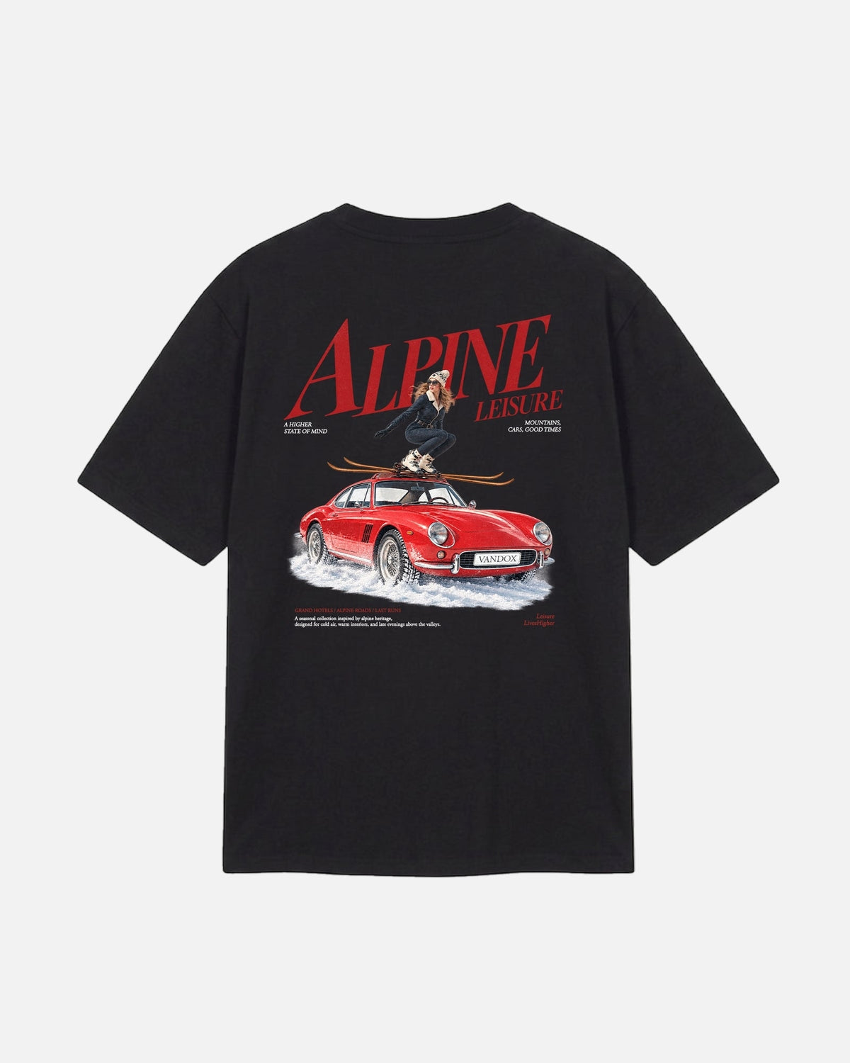 Black Vandox Alpine Leisure t-shirt back view with Alpine Leisure editorial graphic of woman on red classic car in snow with mountains. Starboy old money shirt tshirt clothes vandox sacrevandox vandox clothes vandox clothing