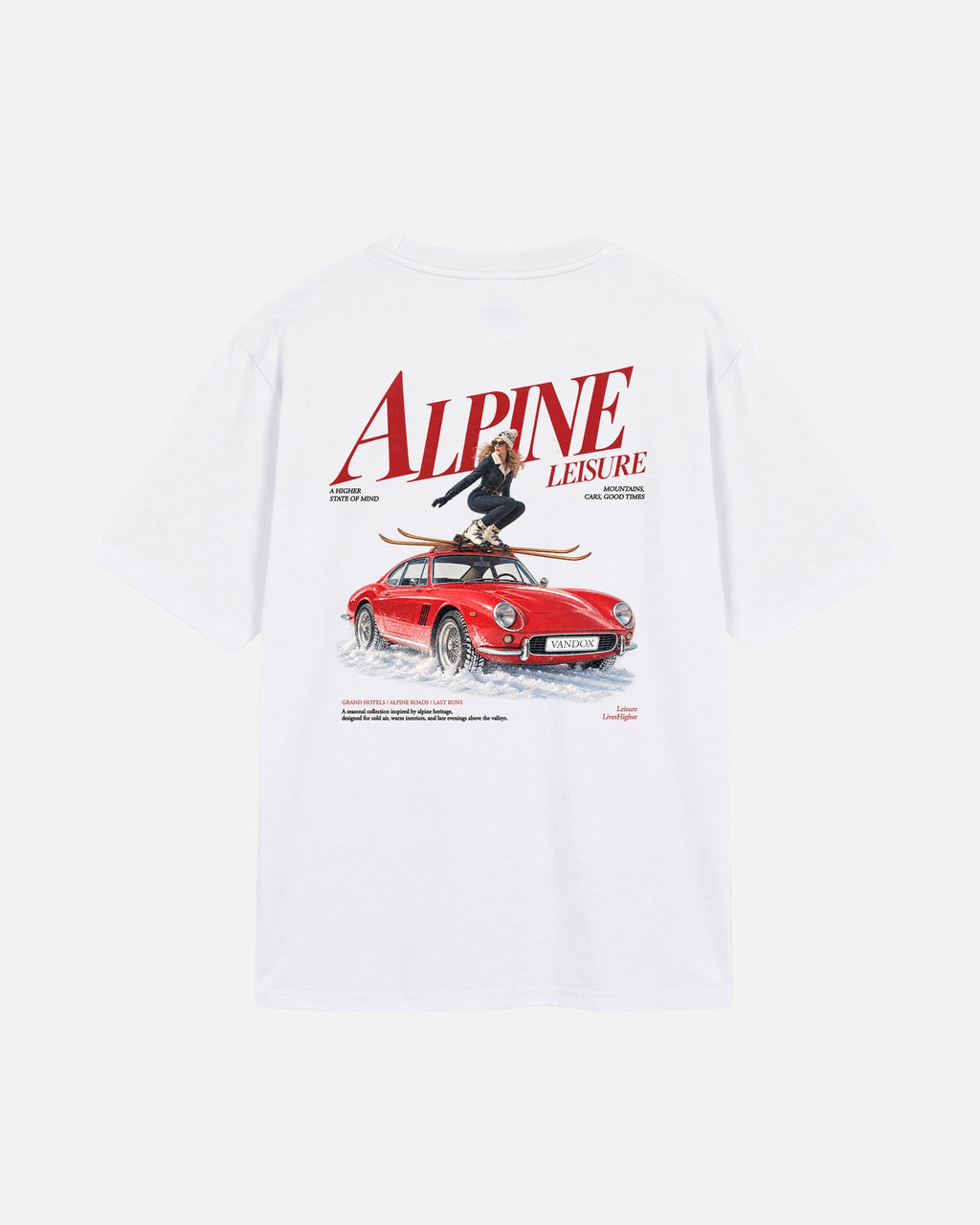 Eggshell White Vandox Alpine Leisure t-shirt back view with Alpine Leisure editorial graphic of woman on red classic car in snow with mountains. Starboy old money shirt tshirt clothes vandox sacrevandox vandox clothes vandox clothing