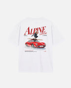 Eggshell White Vandox Alpine Leisure t-shirt back view with Alpine Leisure editorial graphic of woman on red classic car in snow with mountains. Starboy old money shirt tshirt clothes vandox sacrevandox vandox clothes vandox clothing