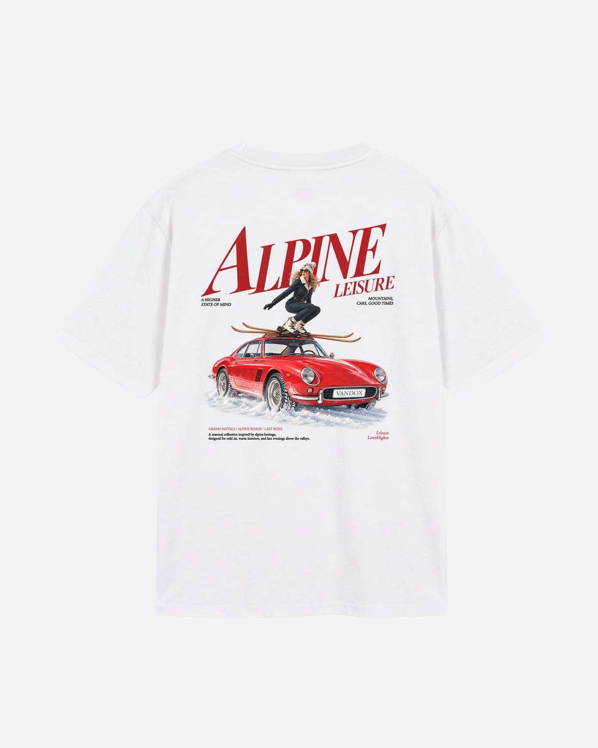 Eggshell White Vandox Alpine Leisure t-shirt back view with Alpine Leisure editorial graphic of woman on red classic car in snow with mountains. Starboy old money shirt tshirt clothes vandox sacrevandox vandox clothes vandox clothing