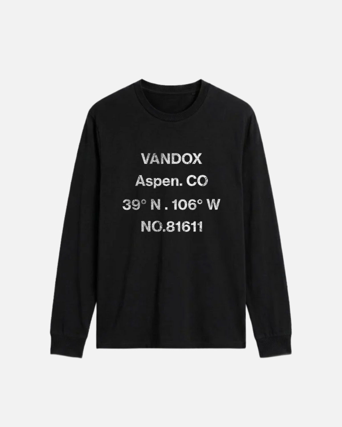 Black Vandox Aspen Longsleeve, front view with distressed dark grey Vandox Aspen CO coordinates and 81611 text graphic, luxury streetwear longsleeve. Starboy old money longsleeve vandox sacrevandox vandox clothes vandox clothing