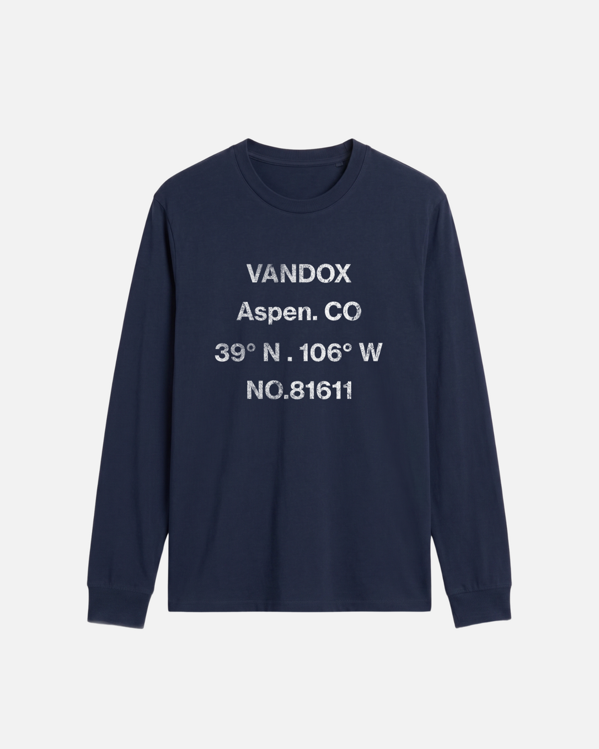 Navy Dark Blue Deep Blue Vandox Aspen Longsleeve, front view with distressed dark grey Vandox Aspen CO coordinates and 81611 text graphic, luxury streetwear longsleeve. Starboy old money longsleeve vandox sacrevandox vandox clothes vandox clothing