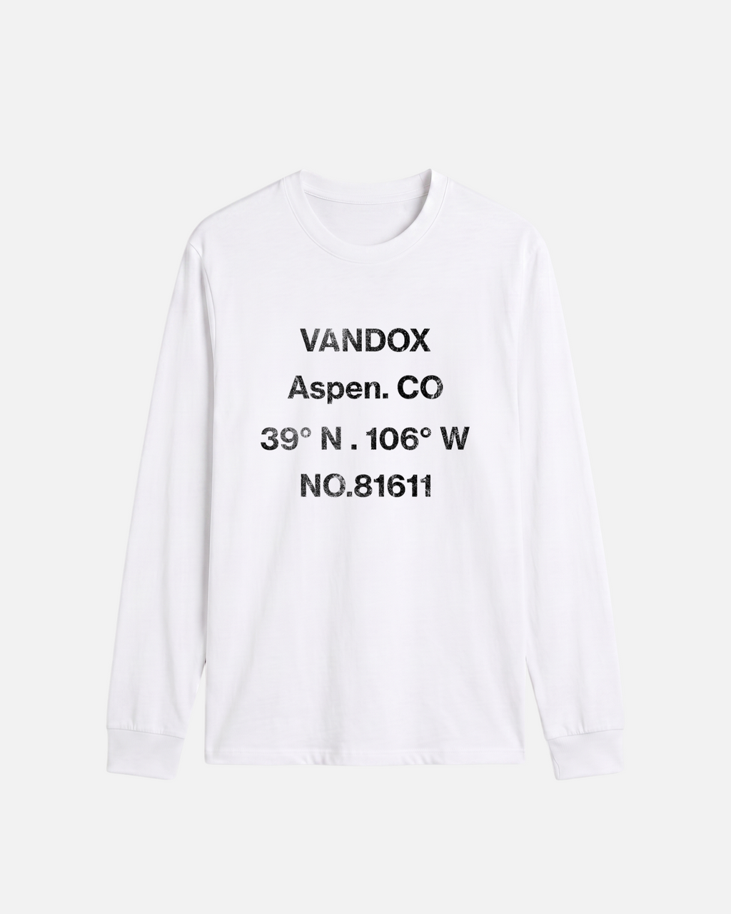 White eggshell white offwhite Vandox Aspen Longsleeve, front view with distressed dark grey Vandox Aspen CO coordinates and 81611 text graphic, luxury streetwear longsleeve. Starboy old money longsleeve vandox sacrevandox vandox clothes vandox clothing