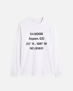 White eggshell white offwhite Vandox Aspen Longsleeve, front view with distressed dark grey Vandox Aspen CO coordinates and 81611 text graphic, luxury streetwear longsleeve. Starboy old money longsleeve vandox sacrevandox vandox clothes vandox clothing