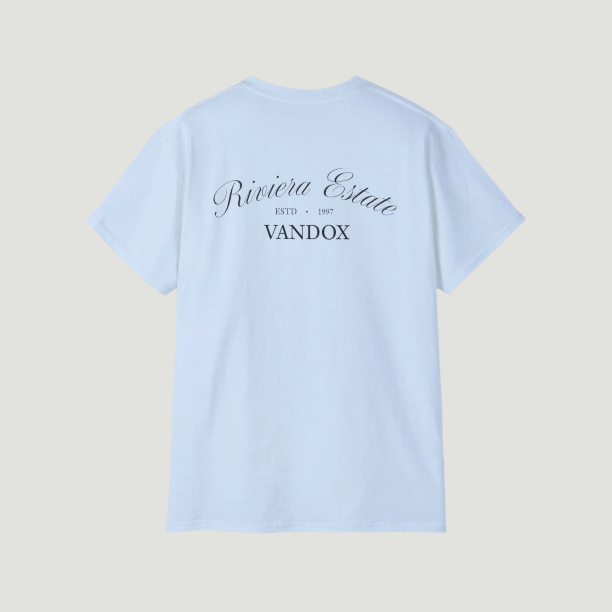 Light Blue Vandox Azure Prophecy Tee with graphic of a hand holding a crystal sphere showing a Riviera estate and “Riviera Estate” script. Starboy old money shirt tshirt clothes vandox sacrevandox vandox clothes vandox clothing