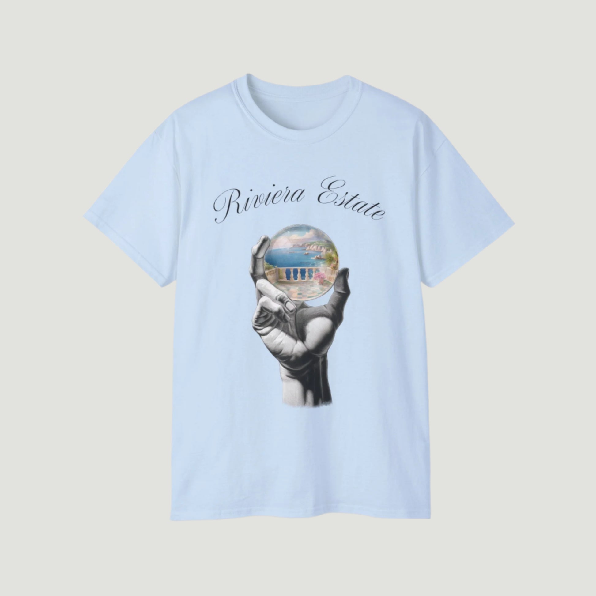 Light Blue Vandox Azure Prophecy Tee with graphic of a hand holding a crystal sphere showing a Riviera estate and “Riviera Estate” script. Starboy old money shirt tshirt clothes vandox sacrevandox vandox clothes vandox clothing