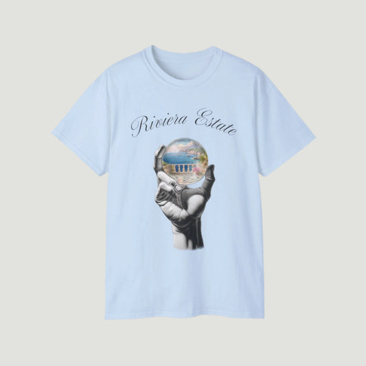 Light Blue Vandox Azure Prophecy Tee with graphic of a hand holding a crystal sphere showing a Riviera estate and “Riviera Estate” script. Starboy old money shirt tshirt clothes vandox sacrevandox vandox clothes vandox clothing