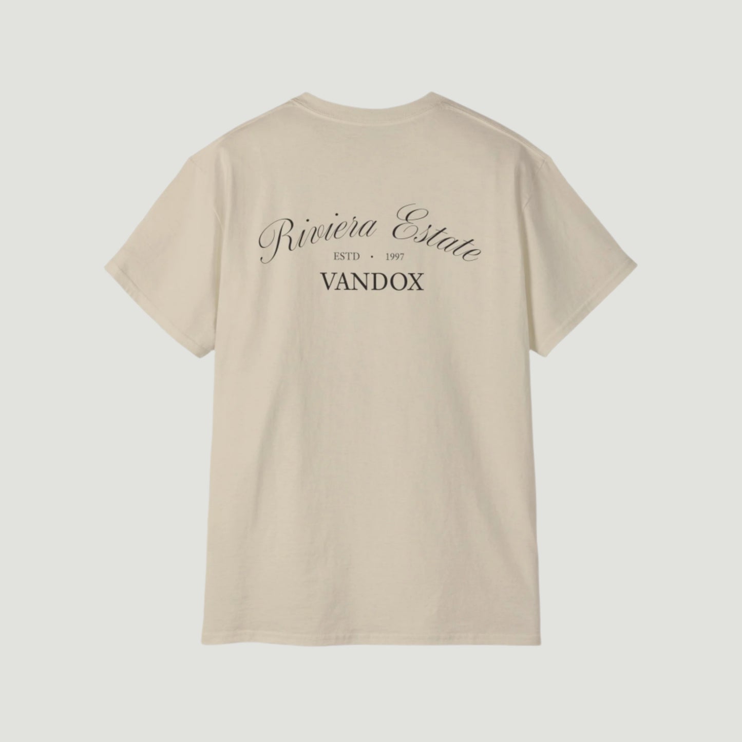 Sand Cream Beige Vandox Azure Prophecy Tee with graphic of a hand holding a crystal sphere showing a Riviera estate and “Riviera Estate” script. Starboy old money shirt tshirt clothes vandox sacrevandox vandox clothes vandox clothing