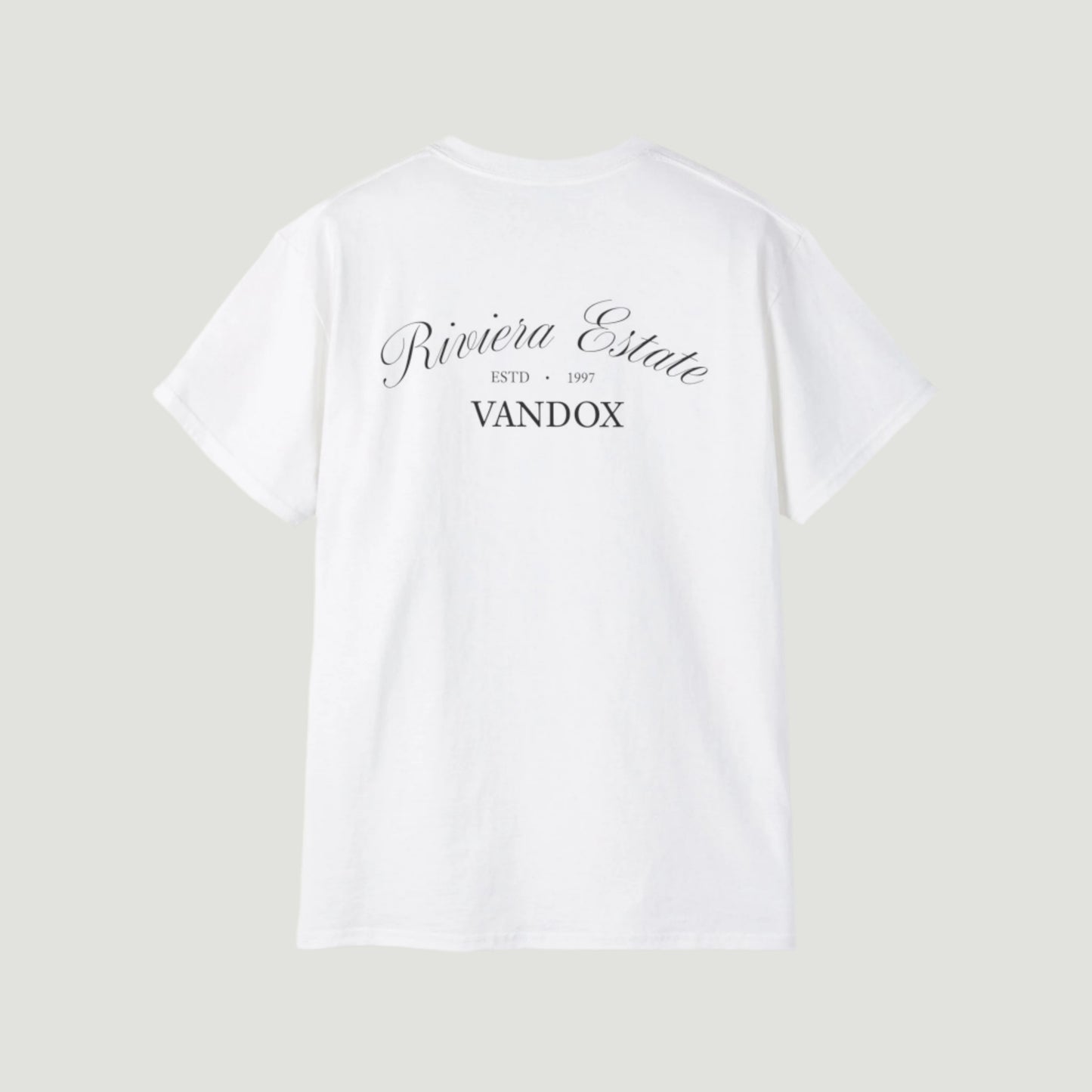 Eggshell White Vandox Azure Prophecy Tee with graphic of a hand holding a crystal sphere showing a Riviera estate and “Riviera Estate” script. Starboy old money shirt tshirt clothes vandox sacrevandox vandox clothes vandox clothing