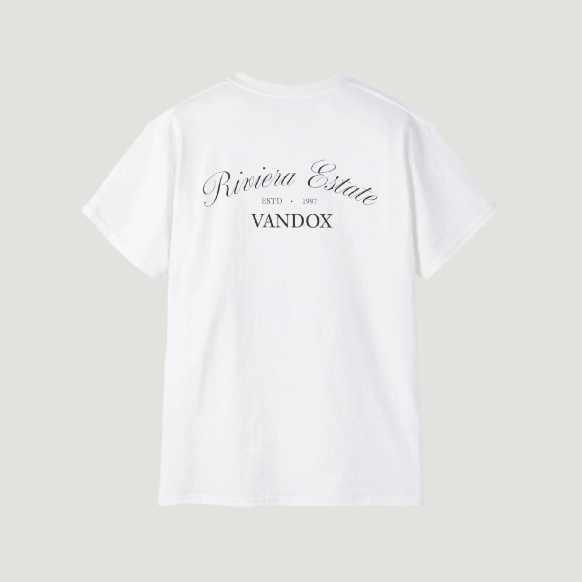 Eggshell White Vandox Azure Prophecy Tee with graphic of a hand holding a crystal sphere showing a Riviera estate and “Riviera Estate” script. Starboy old money shirt tshirt clothes vandox sacrevandox vandox clothes vandox clothing