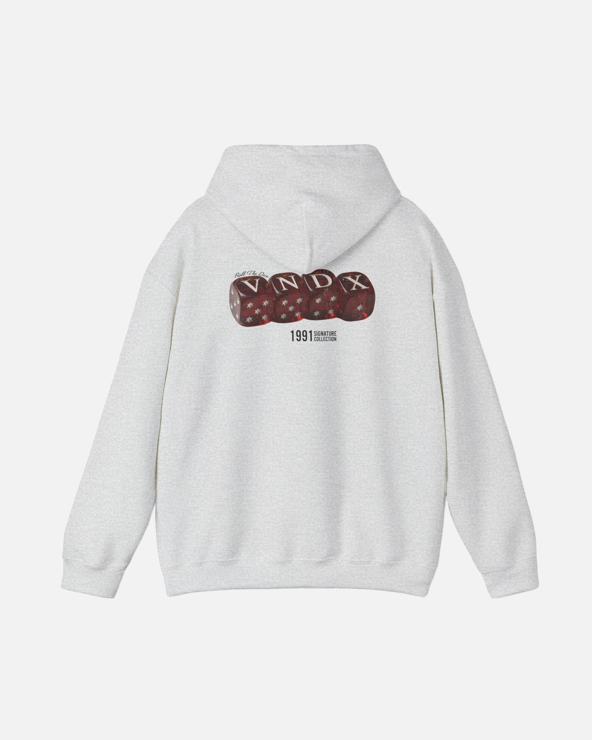 ash heather grey sport gray Vandox Baccarat Club Hoodie, back view with red dice VNDX graphic and 1991 detail, luxury streetwear hoodie. Starboy old money hoodie sweatshirt clothes vandox sacrevandox vandox clothes vandox clothing