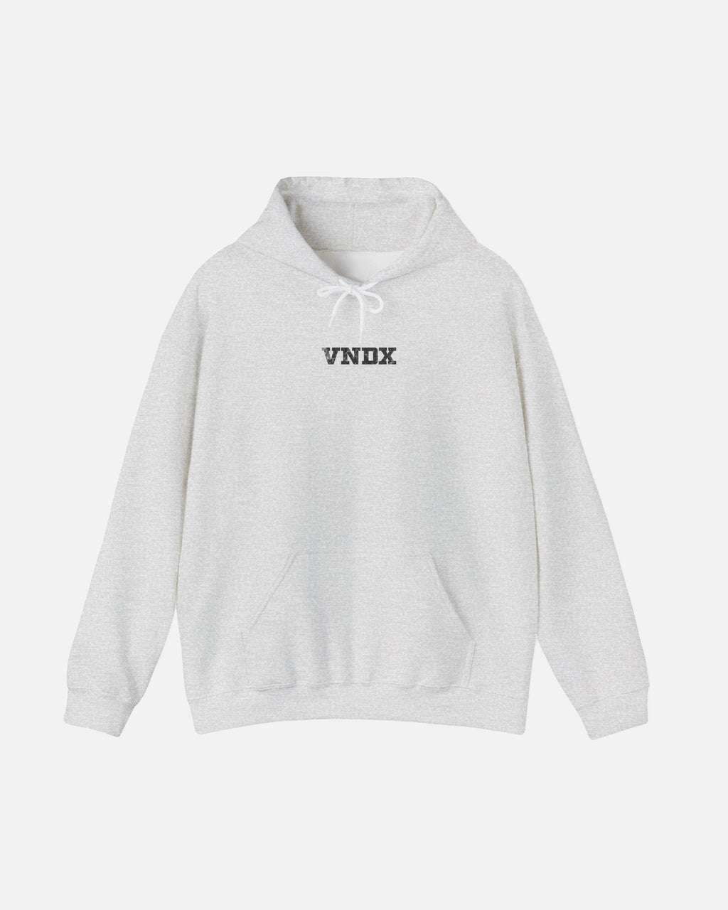 Ash sport grey heather gray Vandox Baccarat Club Hoodie, front view with small distressed white VNDX lettering on the chest, luxury streetwear hoodie. Starboy old money hoodie sweatshirt clothes vandox sacrevandox vandox clothes vandox clothing