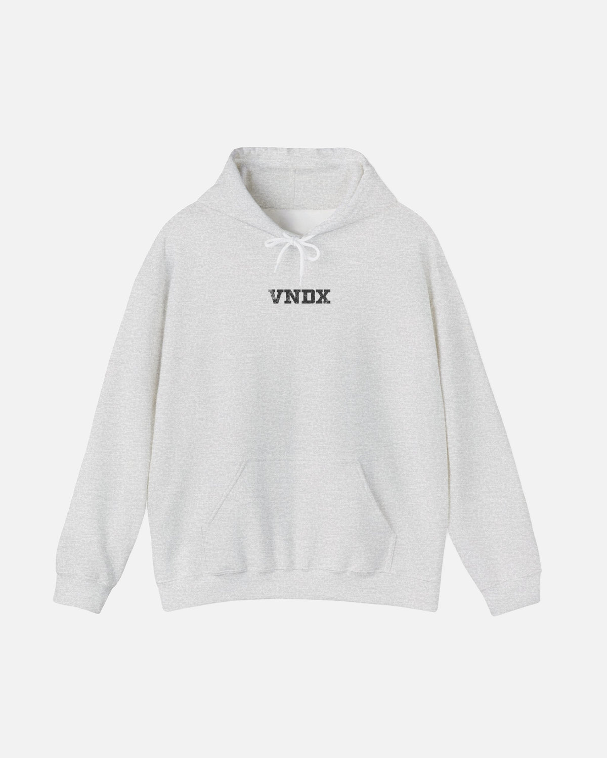 Ash sport grey heather gray Vandox Baccarat Club Hoodie, front view with small distressed white VNDX lettering on the chest, luxury streetwear hoodie. Starboy old money hoodie sweatshirt clothes vandox sacrevandox vandox clothes vandox clothing
