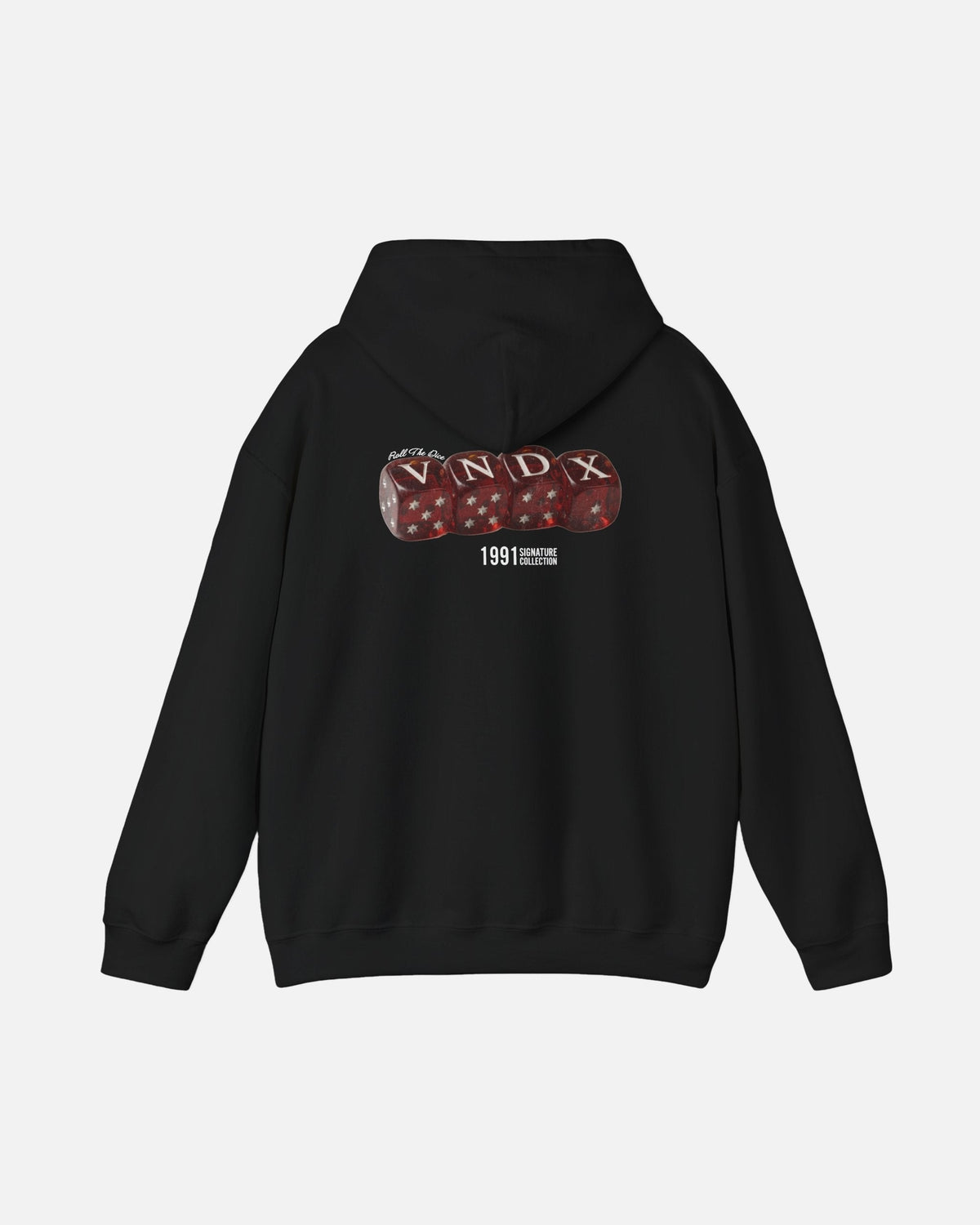 Black Vandox Baccarat Club Hoodie, back view with red dice VNDX graphic and 1991 detail, luxury streetwear hoodie. Starboy old money hoodie sweatshirt clothes vandox sacrevandox vandox clothes vandox clothing
