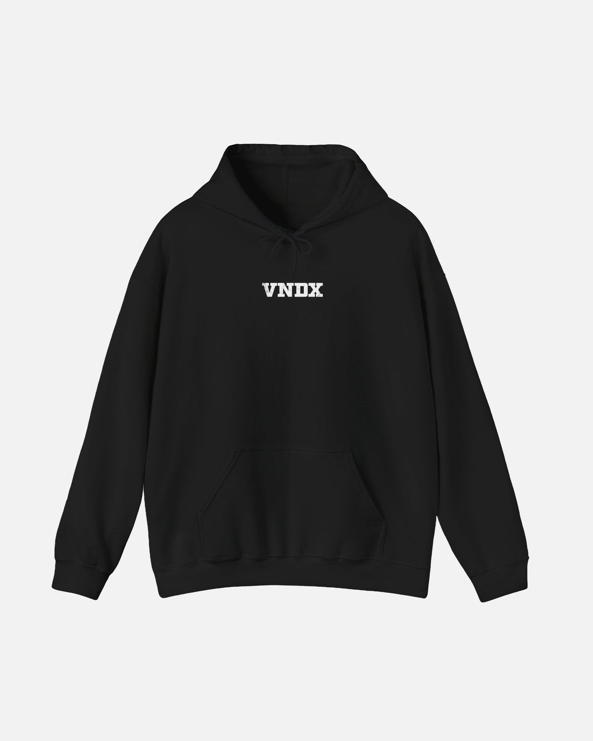 Black Vandox Baccarat Club Hoodie, front view with small distressed white VNDX lettering on the chest, luxury streetwear hoodie. Starboy old money hoodie sweatshirt clothes vandox sacrevandox vandox clothes vandox clothing