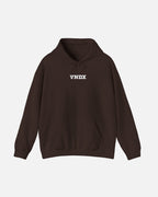 dark chocolate dark brown Vandox Baccarat Club Hoodie, front view with small distressed white VNDX lettering on the chest, luxury streetwear hoodie. Starboy old money hoodie sweatshirt clothes vandox sacrevandox vandox clothes vandox clothing