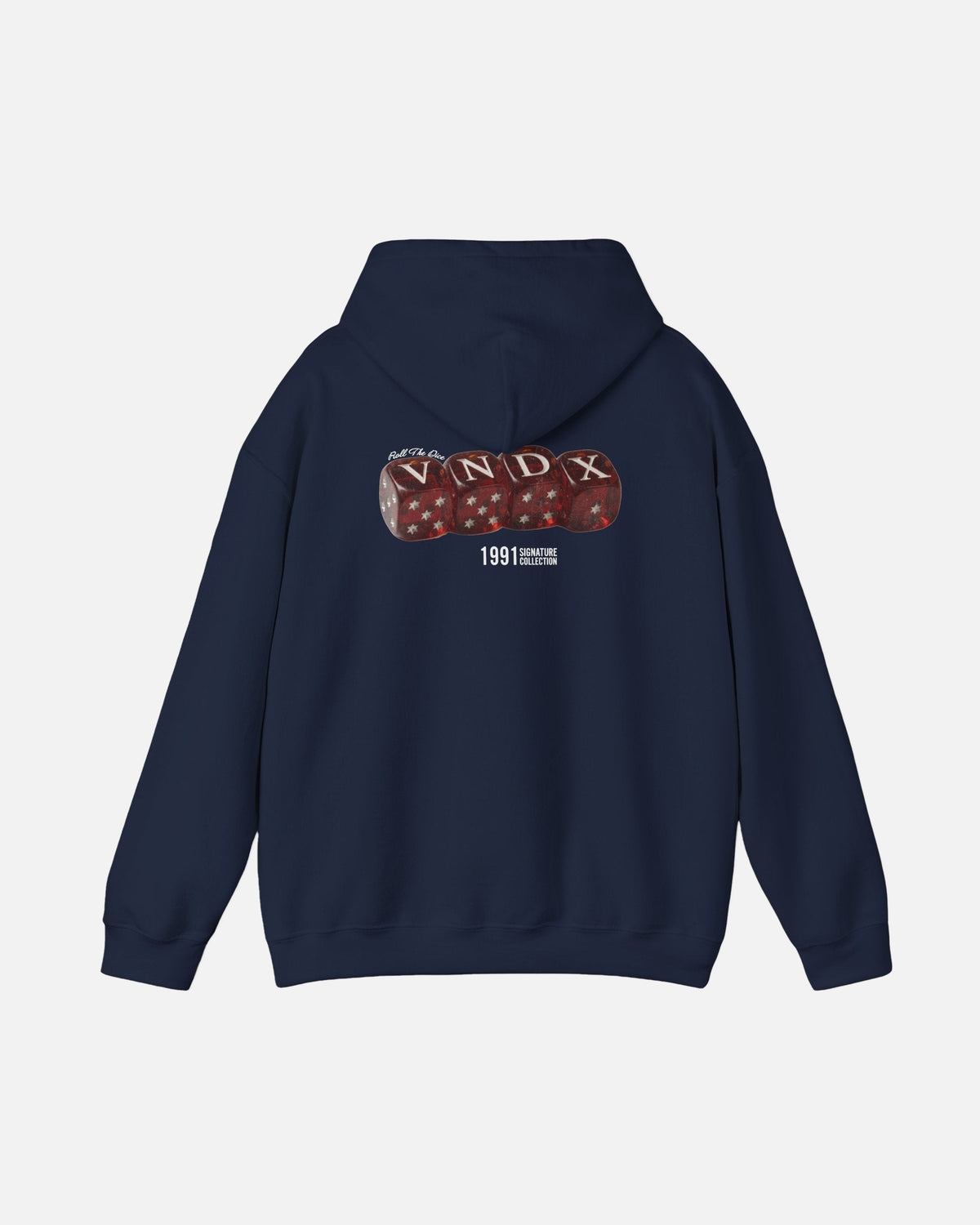 Navy dark blue deep blue Vandox Baccarat Club Hoodie, back view with red dice VNDX graphic and 1991 detail, luxury streetwear hoodie. Starboy old money hoodie sweatshirt clothes vandox sacrevandox vandox clothes vandox clothing