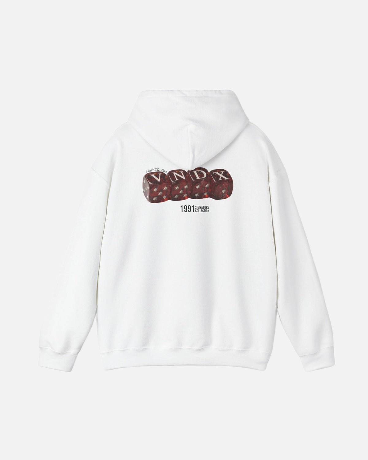 white offwhite eggshell white Vandox Baccarat Club Hoodie, back view with red dice VNDX graphic and 1991 detail, luxury streetwear hoodie. Starboy old money hoodie sweatshirt clothes vandox sacrevandox vandox clothes vandox clothing