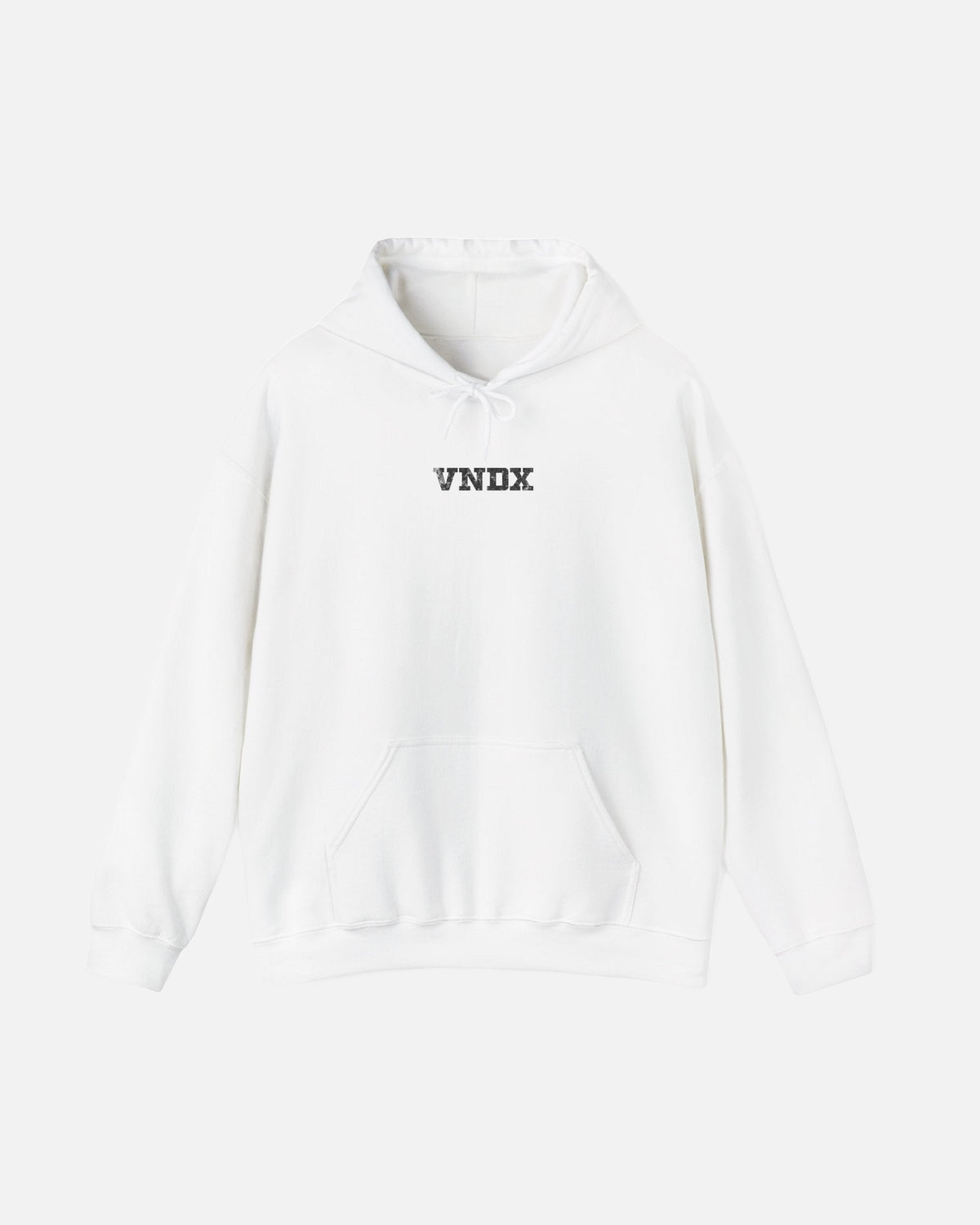 White offwhite eggshell white Vandox Baccarat Club Hoodie, front view with small distressed white VNDX lettering on the chest, luxury streetwear hoodie. Starboy old money hoodie sweatshirt clothes vandox sacrevandox vandox clothes vandox clothing