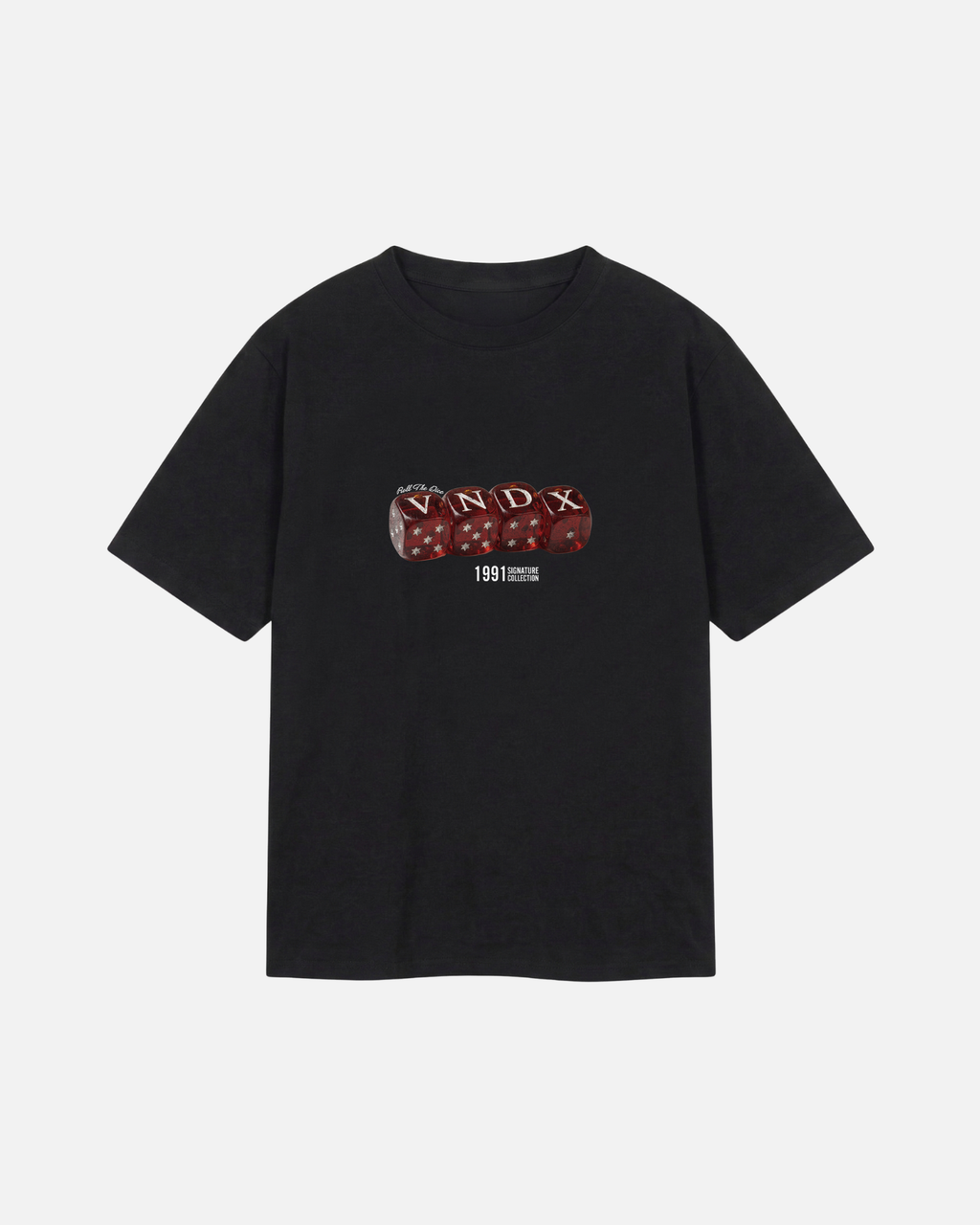 Black Vandox Baccarat Club T-Shirt, front view with red dice VNDX graphic and 1991 detail, luxury streetwear t-shirt. Starboy old money t-shirt vandox sacrevandox vandox clothes vandox clothing