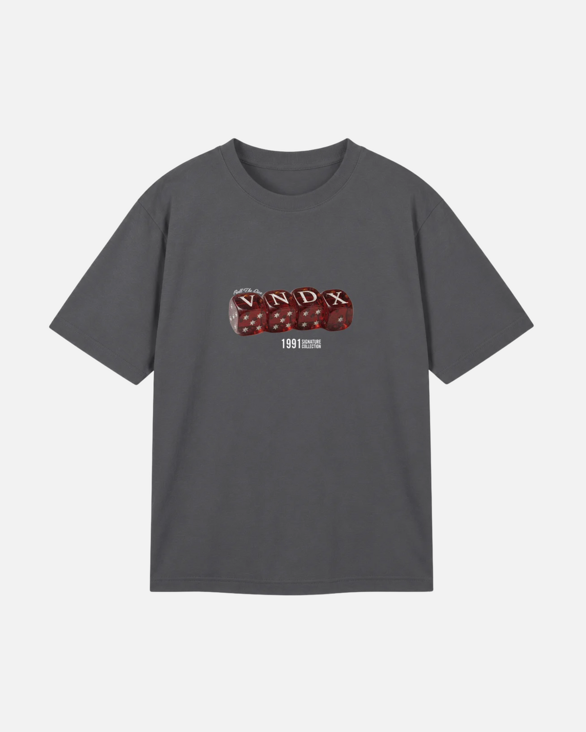 Charcoal Grey Dark Gray Vandox Baccarat Club T-Shirt, front view with red dice VNDX graphic and 1991 detail, luxury streetwear t-shirt. Starboy old money t-shirt vandox sacrevandox vandox clothes vandox clothing