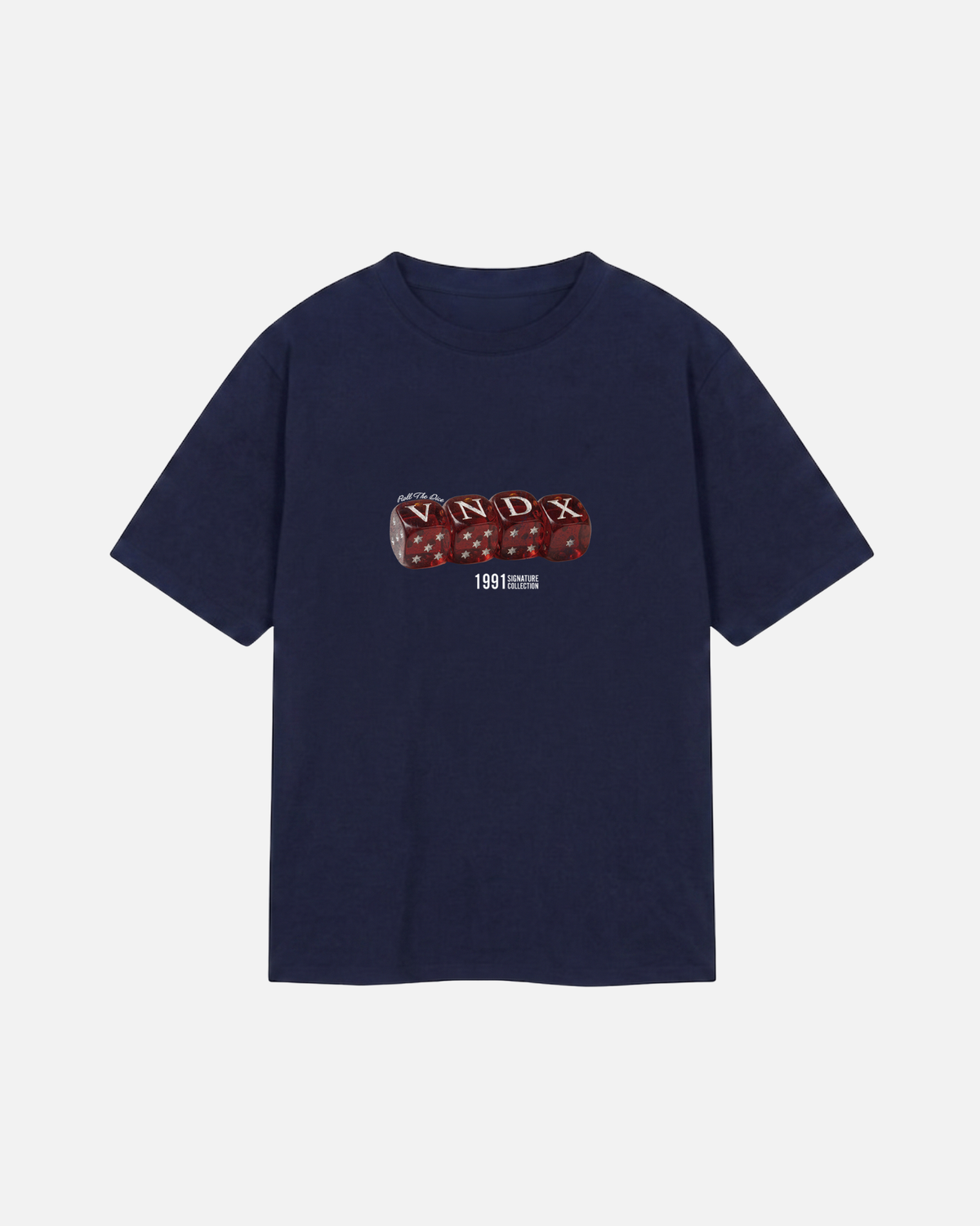 Navy dark blue deep blue Vandox Baccarat Club T-Shirt, front view with red dice VNDX graphic and 1991 detail, luxury streetwear t-shirt. Starboy old money t-shirt vandox sacrevandox vandox clothes vandox clothing