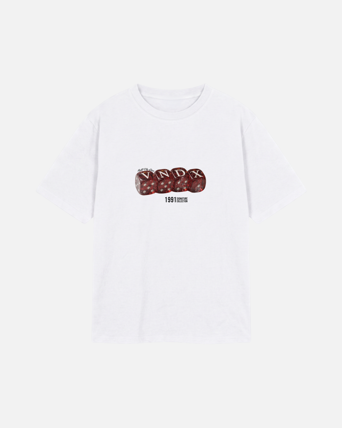 White offwhite eggshell white Vandox Baccarat Club T-Shirt, front view with red dice VNDX graphic and 1991 detail, luxury streetwear t-shirt. Starboy old money t-shirt vandox sacrevandox vandox clothes vandox clothing