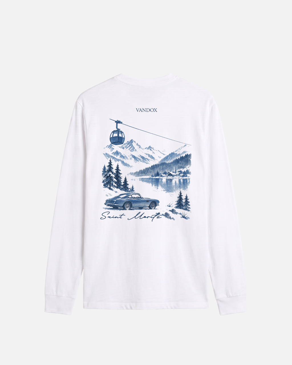 White Vandox Blue Hour longsleeve long sleeve t-shirt back view with navy blue watercolour alpine scene featuring vintage car gondola lake and Saint Moritz script. Starboy old money shirt tshirt longsleeve crewneck clothes vandox sacrevandox vandox clothes vandox clothing