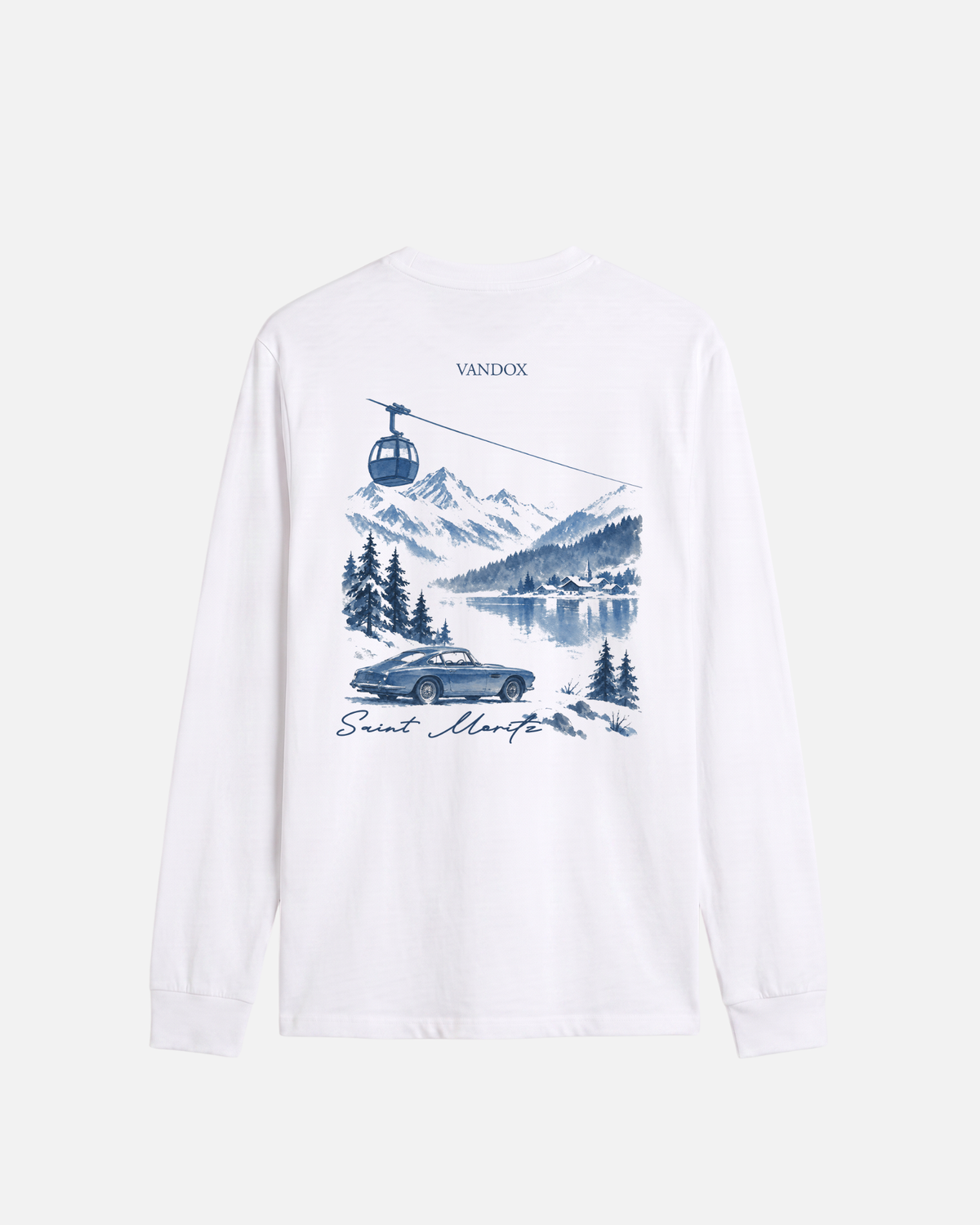 White Vandox Blue Hour longsleeve long sleeve t-shirt back view with navy blue watercolour alpine scene featuring vintage car gondola lake and Saint Moritz script. Starboy old money shirt tshirt longsleeve crewneck clothes vandox sacrevandox vandox clothes vandox clothing