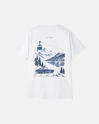 Vandox Blue Hour White t-shirt back view with navy blue watercolour alpine scene featuring vintage car gondola lake and Saint Moritz script. Starboy old money shirt tshirt clothes vandox sacrevandox vandox clothes vandox clothing