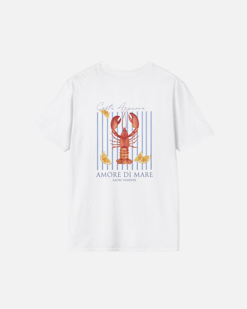 Vandox Catch of the Day Tee back view – white premium cotton t-shirt featuring Costa Azzurra lobster watercolour graphic with Amore di Mare lettering by Sacre Vandox, Frutta d'Estate summer collection. Starboy old money shirt tshirt clothes vandox sacrevandox vandox clothes vandox clothing