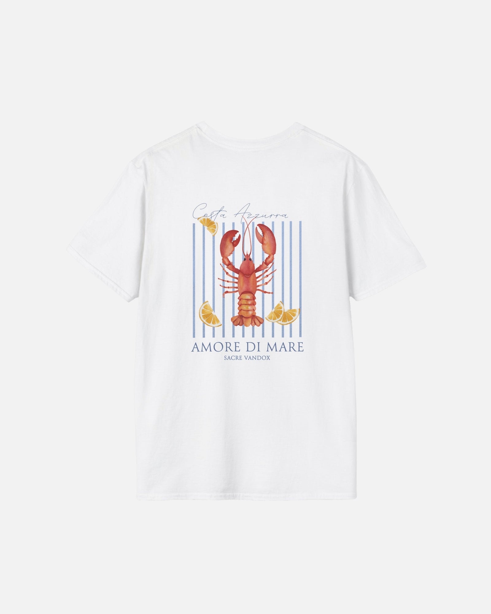 Vandox Catch of the Day Tee back view – white premium cotton t-shirt featuring Costa Azzurra lobster watercolour graphic with Amore di Mare lettering by Sacre Vandox, Frutta d'Estate summer collection. Starboy old money shirt tshirt clothes vandox sacrevandox vandox clothes vandox clothing