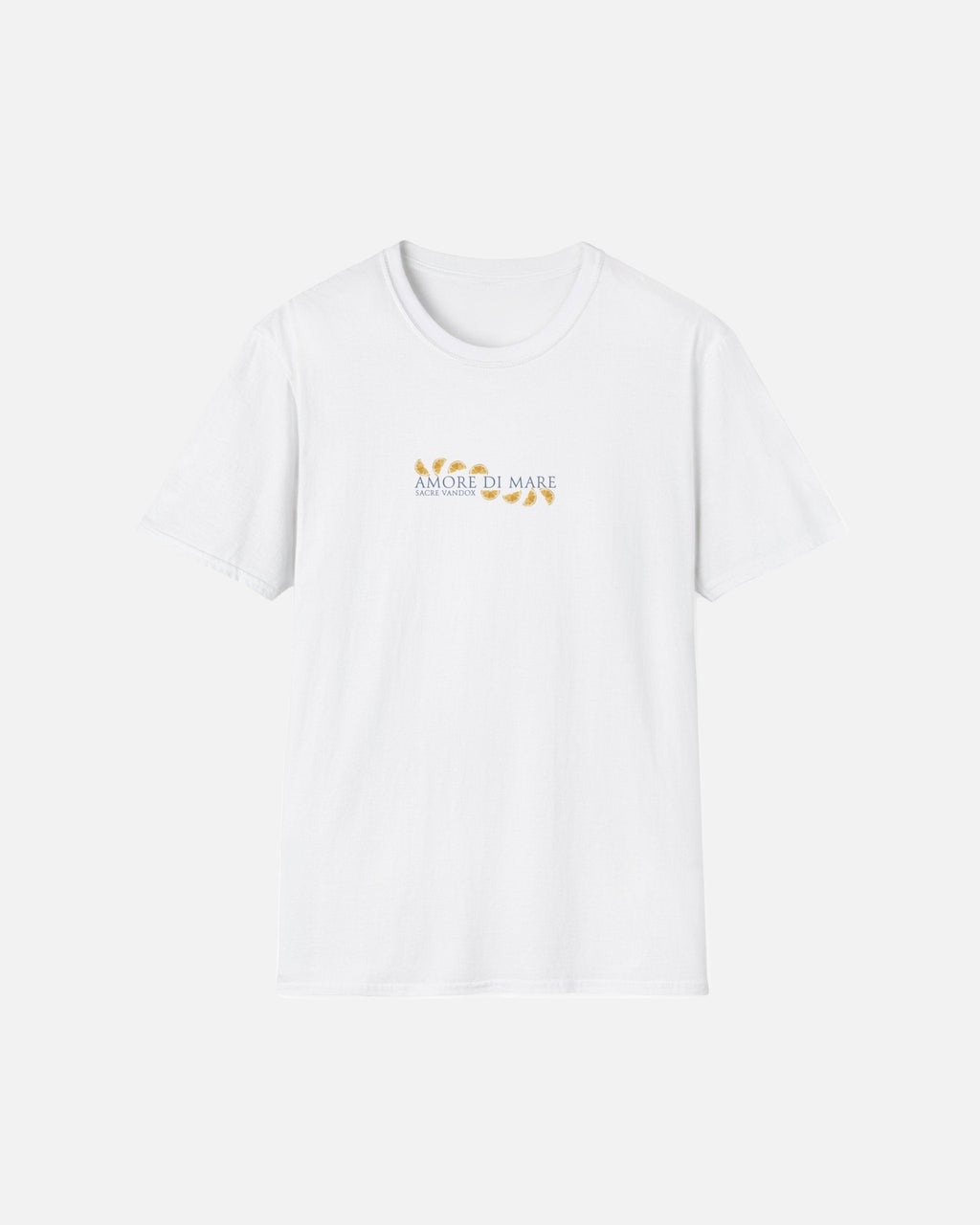 Vandox Catch of the Day Tee front view – minimalist white premium cotton t-shirt with Amore di Mare Sacre Vandox chest print and lemon slice detail, Frutta d'Estate collection. Starboy old money shirt tshirt clothes vandox sacrevandox vandox clothes vandox clothing