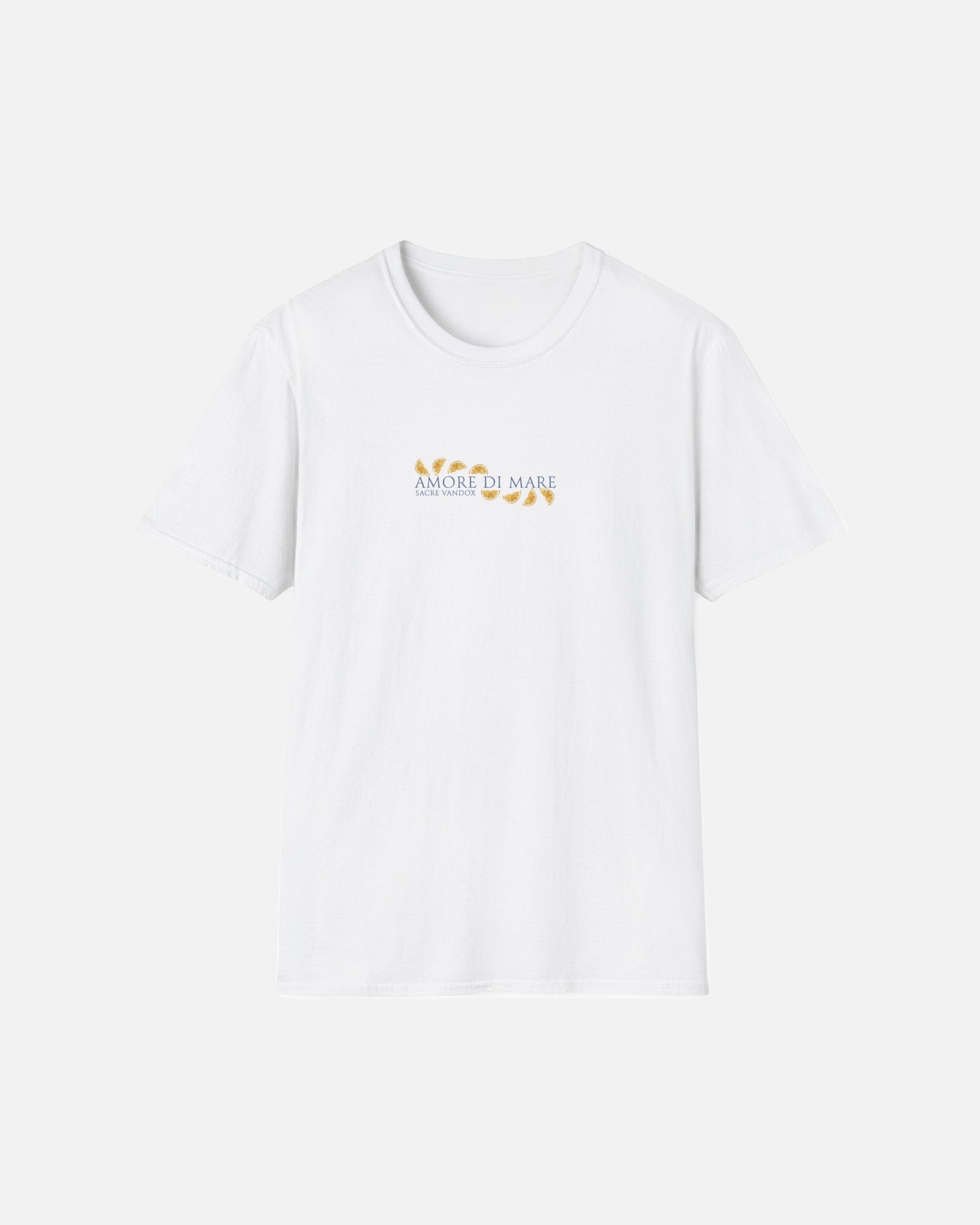 Vandox Catch of the Day Tee front view – minimalist white premium cotton t-shirt with Amore di Mare Sacre Vandox chest print and lemon slice detail, Frutta d'Estate collection. Starboy old money shirt tshirt clothes vandox sacrevandox vandox clothes vandox clothing