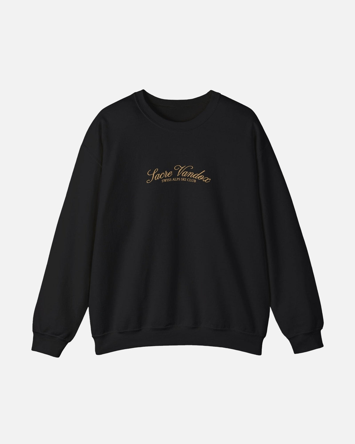 Black Vandox Chalet Edit crewneck sweatshirt with gold Sacre Vandox Swiss Alps Ski Club script chest graphic. Starboy old money hoodie sweatshirt clothes vandox sacrevandox vandox clothes vandox clothing crewneck autumn clothes no hood fall clothes 