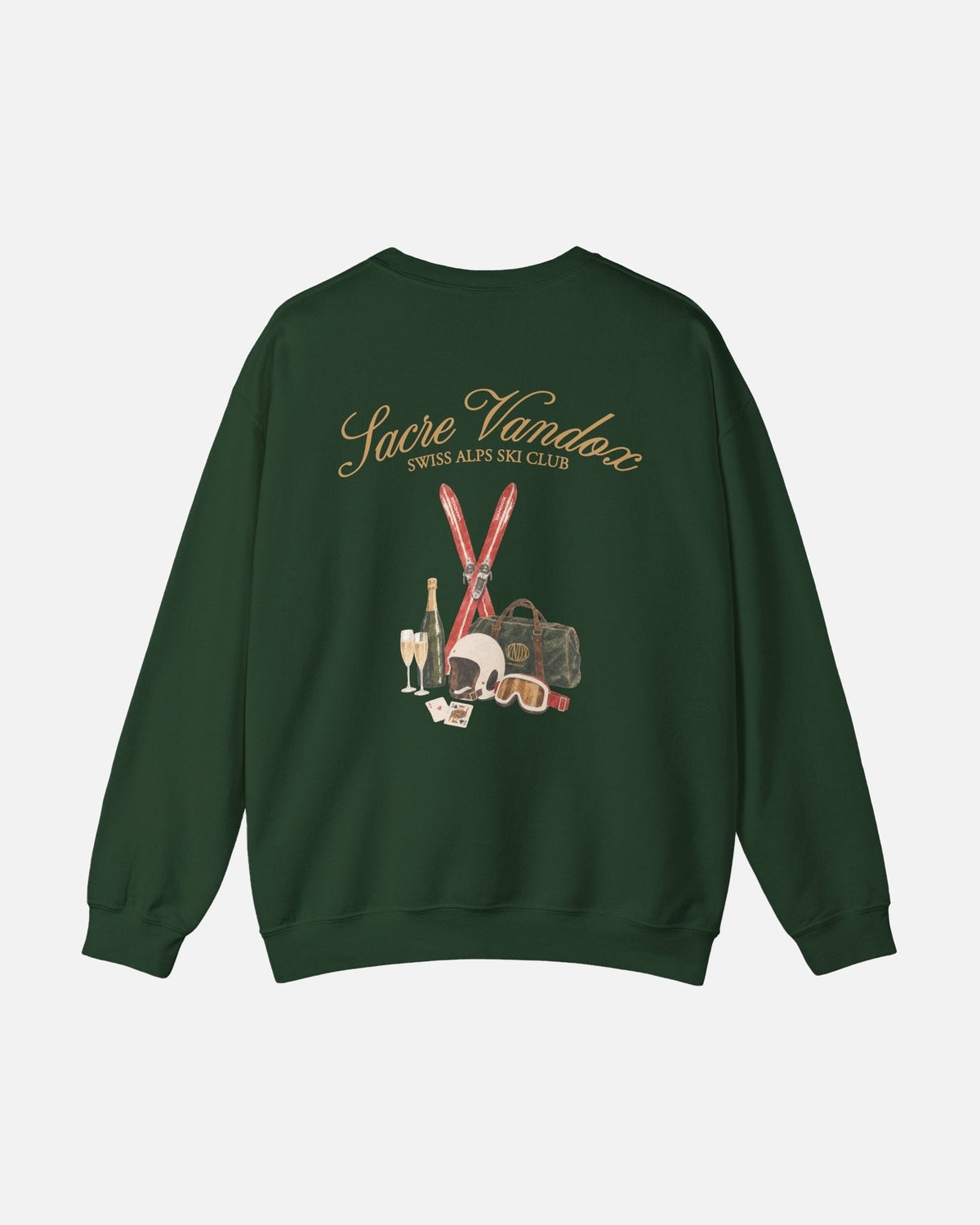 Forest Green Vandox Chalet Edit crewneck sweatshirt back view with illustrated ski essentials including red skis helmet goggles Vandox duffle champagne and playing cards. Starboy old money hoodie sweatshirt clothes vandox sacrevandox vandox clothes vandox clothing crewneck autumn clothes no hood fall clothes 