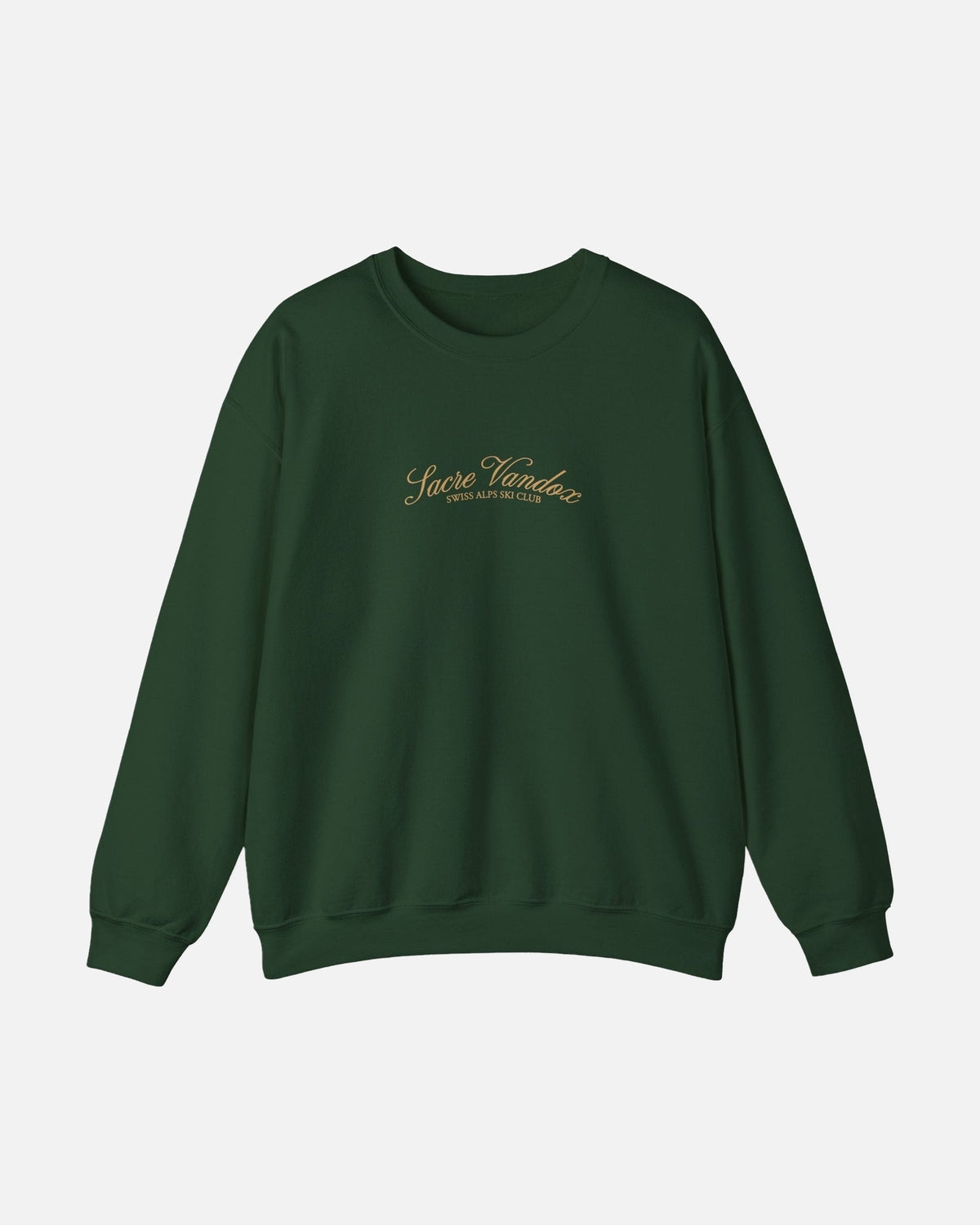 Forest Green Vandox Chalet Edit crewneck sweatshirt with gold Sacre Vandox Swiss Alps Ski Club script chest graphic. Starboy old money hoodie sweatshirt clothes vandox sacrevandox vandox clothes vandox clothing crewneck autumn clothes no hood fall clothes 