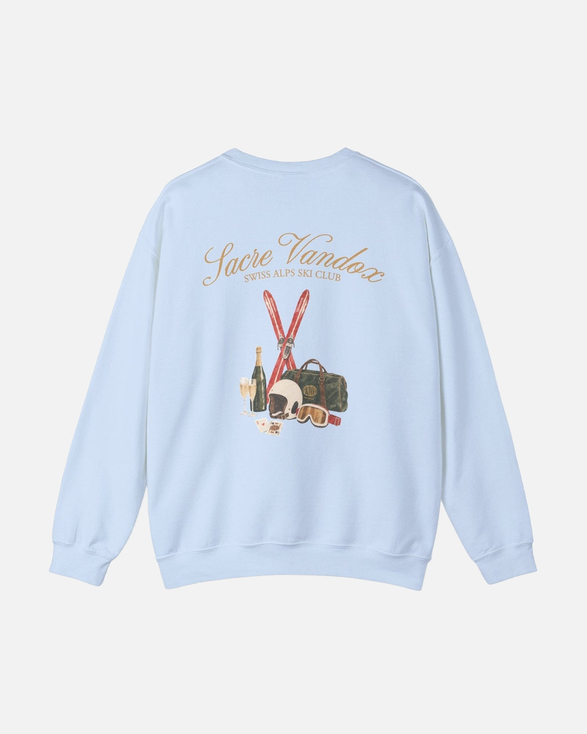 Light Blue Vandox Chalet Edit crewneck sweatshirt back view with illustrated ski essentials including red skis helmet goggles Vandox duffle champagne and playing cards. Starboy old money hoodie sweatshirt clothes vandox sacrevandox vandox clothes vandox clothing crewneck autumn clothes no hood fall clothes 