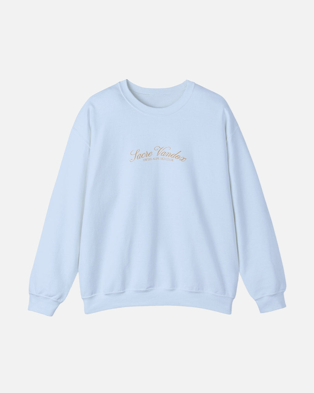 Light blue Vandox Chalet Edit crewneck sweatshirt with gold Sacre Vandox Swiss Alps Ski Club script chest graphic. Starboy old money hoodie sweatshirt clothes vandox sacrevandox vandox clothes vandox clothing crewneck autumn clothes no hood fall clothes 