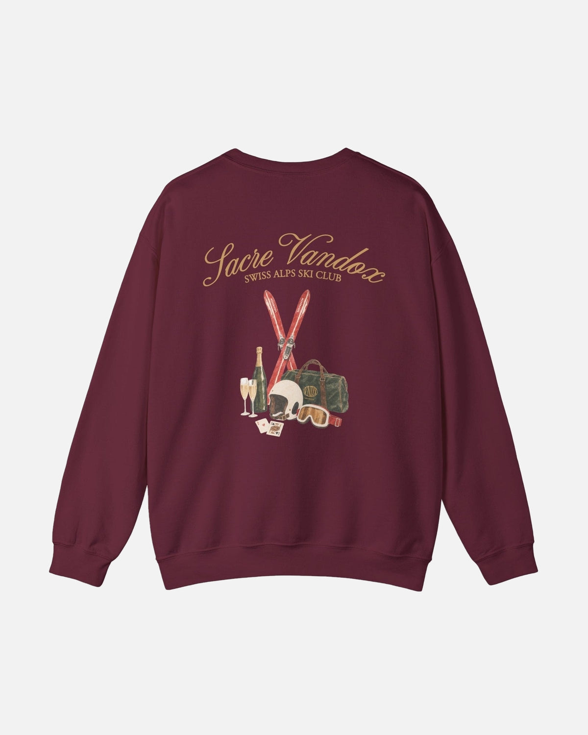 Maroon Vandox Chalet Edit crewneck sweatshirt back view with illustrated ski essentials including red skis helmet goggles Vandox duffle champagne and playing cards. Starboy old money hoodie sweatshirt clothes vandox sacrevandox vandox clothes vandox clothing crewneck autumn clothes no hood fall clothes 
