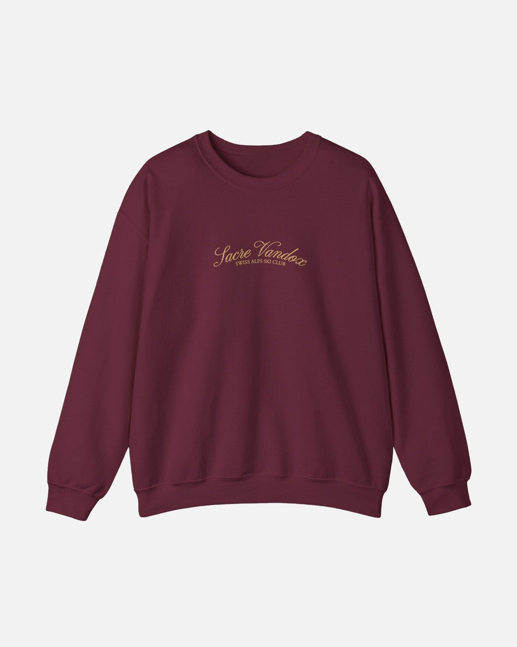 Maroon Vandox Chalet Edit crewneck sweatshirt with gold Sacre Vandox Swiss Alps Ski Club script chest graphic. Starboy old money hoodie sweatshirt clothes vandox sacrevandox vandox clothes vandox clothing crewneck autumn clothes no hood fall clothes 