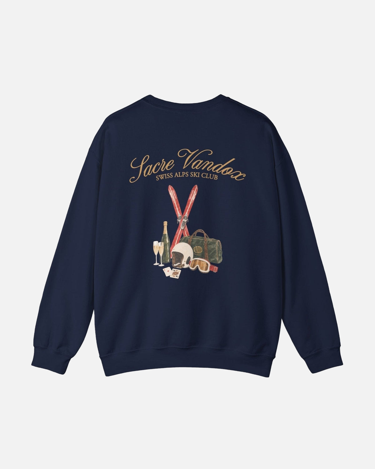 Navy Vandox Chalet Edit crewneck sweatshirt back view with illustrated ski essentials including red skis helmet goggles Vandox duffle champagne and playing cards. Starboy old money hoodie sweatshirt clothes vandox sacrevandox vandox clothes vandox clothing crewneck autumn clothes no hood fall clothes 