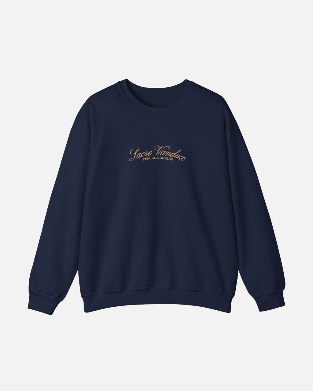 Navy Vandox Chalet Edit crewneck sweatshirt with gold Sacre Vandox Swiss Alps Ski Club script chest graphic. Starboy old money hoodie sweatshirt clothes vandox sacrevandox vandox clothes vandox clothing crewneck autumn clothes no hood fall clothes 