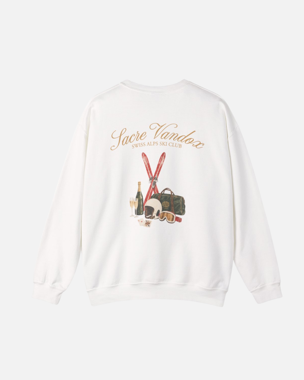 White Vandox Chalet Edit crewneck sweatshirt back view with illustrated ski essentials including red skis helmet goggles Vandox duffle champagne and playing cards. Starboy old money hoodie sweatshirt clothes vandox sacrevandox vandox clothes vandox clothing crewneck autumn clothes no hood fall clothes 