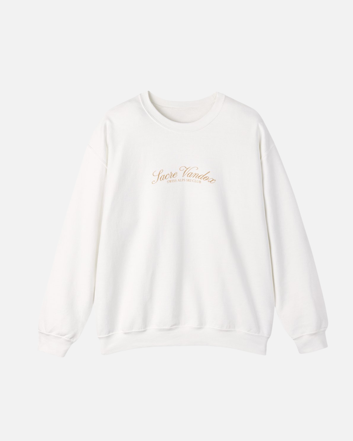 White Vandox Chalet Edit crewneck sweatshirt with gold Sacre Vandox Swiss Alps Ski Club script chest graphic. Starboy old money hoodie sweatshirt clothes vandox sacrevandox vandox clothes vandox clothing crewneck autumn clothes no hood fall clothes 