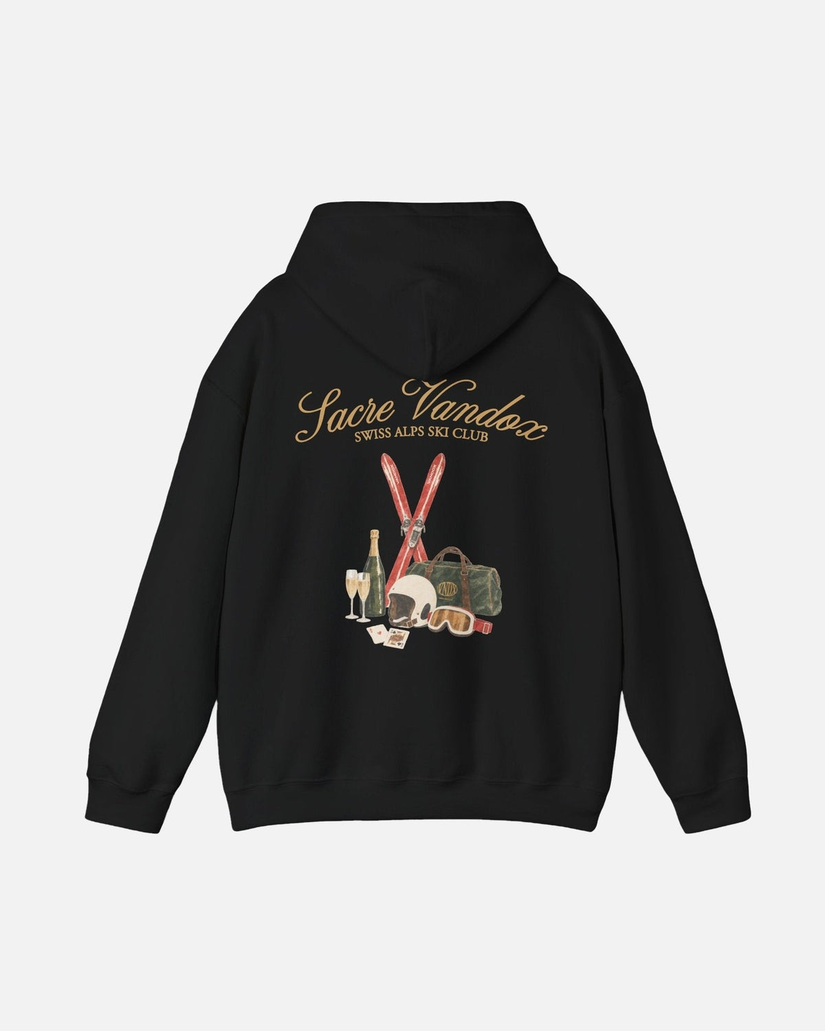Black Vandox Chalet Edit hoodie back view with illustrated ski essentials including red skis helmet goggles Vandox duffle champagne and playing cards. Starboy old money hoodie sweatshirt clothes vandox sacrevandox vandox clothes vandox clothing
