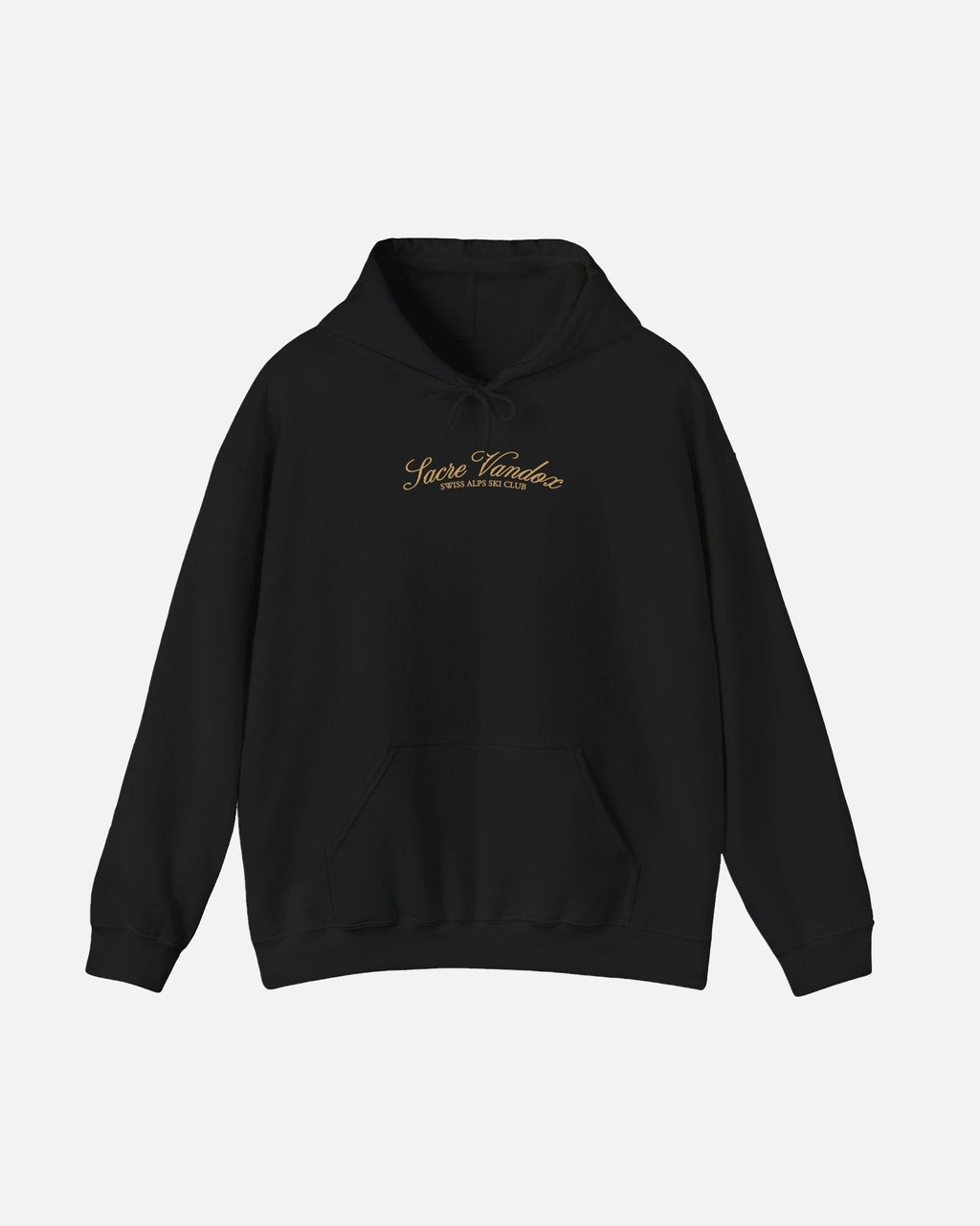 Black Vandox Chalet Edit hoodie with gold Sacre Vandox Swiss Alps Ski Club script chest graphic. Starboy old money hoodie sweatshirt clothes vandox sacrevandox vandox clothes vandox clothing