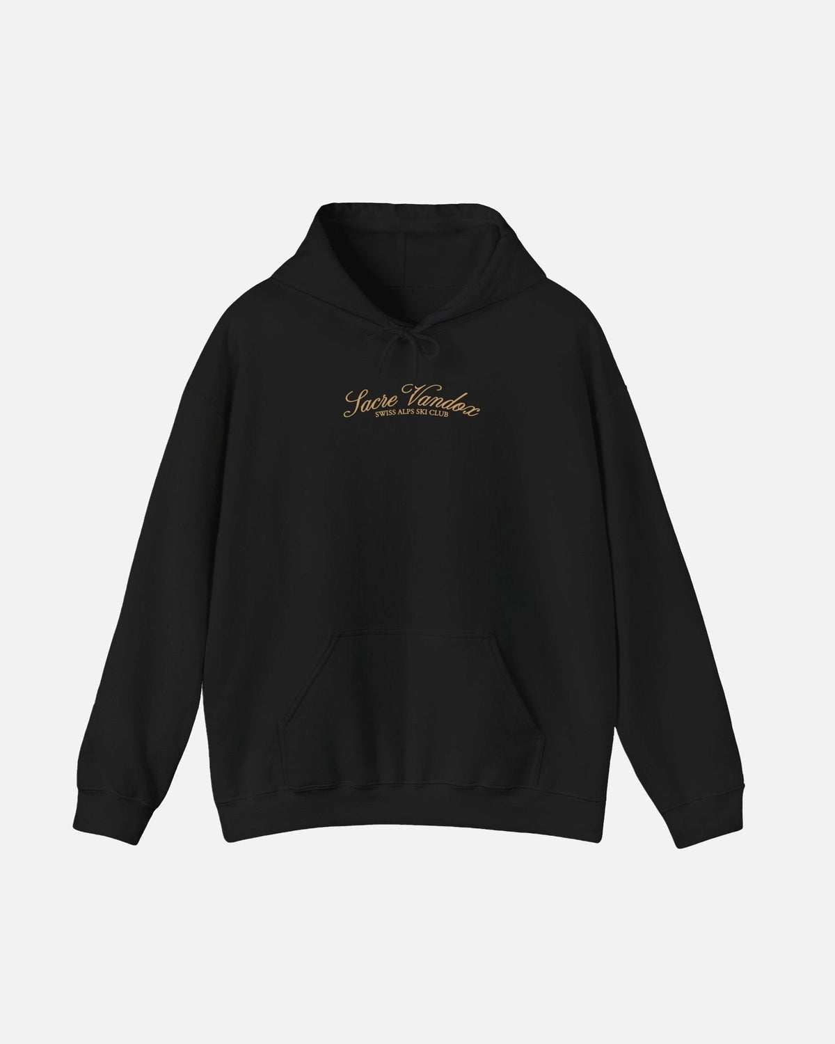 Black Vandox Chalet Edit hoodie with gold Sacre Vandox Swiss Alps Ski Club script chest graphic. Starboy old money hoodie sweatshirt clothes vandox sacrevandox vandox clothes vandox clothing